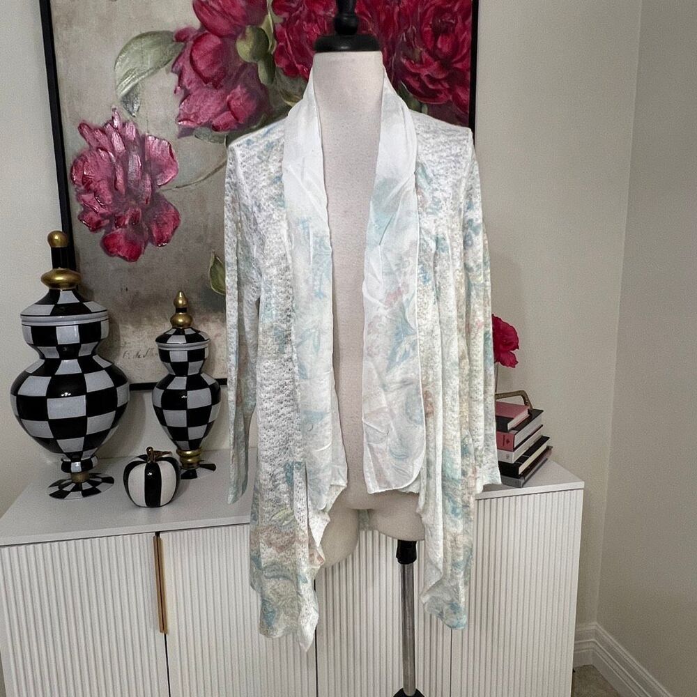 Reba Women's Knit Floral Open Waterfall Drape Front Cardigan Multicolor Medium